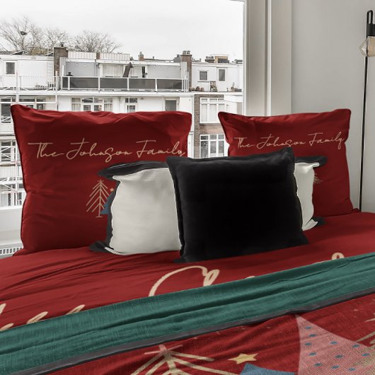 Deep Red & Gold Family Name Merry Christmas  アクセントクッション