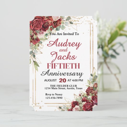 Deep Red & Gold Frame Roses Anniversary Party 招待状 (スタンド正面)
