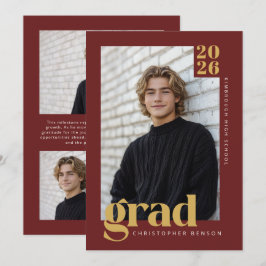 Deep Red Gold Modern Minimalist Photo Graduation 招待状