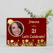 Deep Red & Gold Wild Poppy 21st Birthday 箔招待状 (立ち正面)