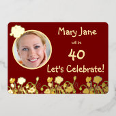 Deep Red & Gold Wild Poppy 40th Birthday 箔招待状 (正面)