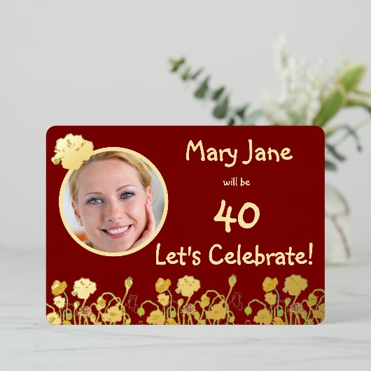 Deep Red & Gold Wild Poppy 40th Birthday 箔招待状 (立ち正面)