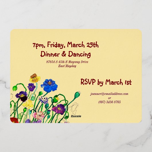 Deep Red & Gold Wild Poppy 40th Birthday 箔招待状 (裏面)