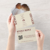 Deep Red & Ivory Typography QR Code Wedding オールインワン招待状 (貼ってはがせる)