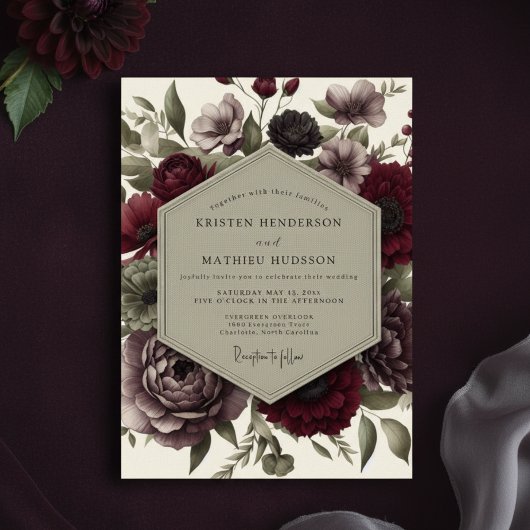 Deep Red Moody Bloom Wedding 招待状