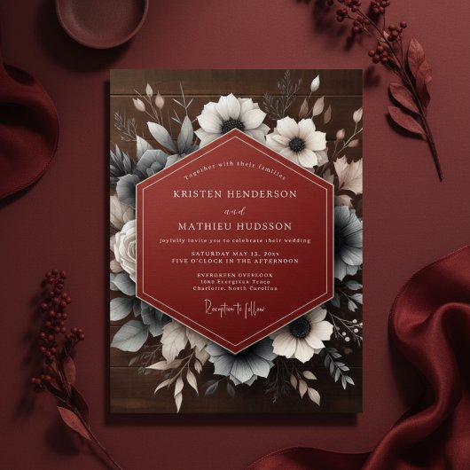 Deep Red Moody Floral Wedding 招待状