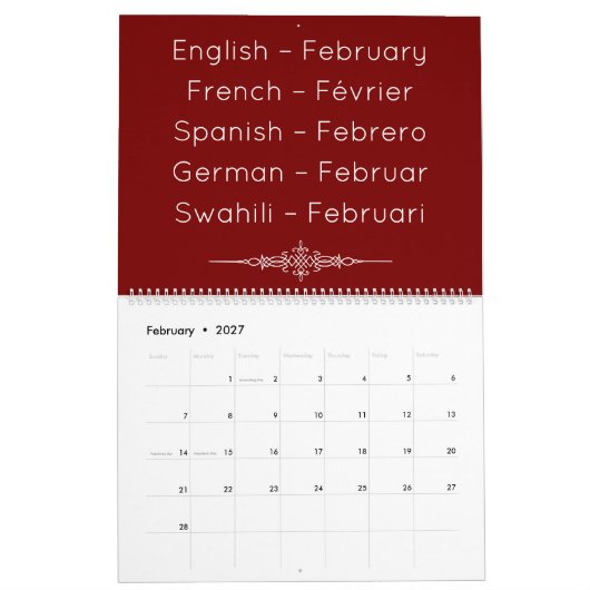 Deep Red  Multilingual Calendar カレンダー (2月 2027)