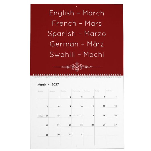 Deep Red  Multilingual Calendar カレンダー (3月 2027)