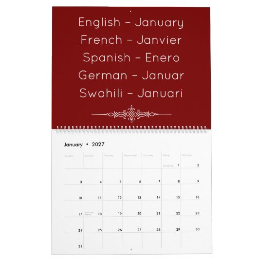 Deep Red  Multilingual Calendar カレンダー (1月 2027)
