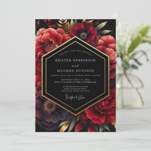 Deep Red Opulent Floral Wedding 招待状 (スタンド正面)