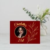 Deep Red Pale Yellow & Graphic Gold Leaf Birthday 箔招待状ポストカード (立ち正面)