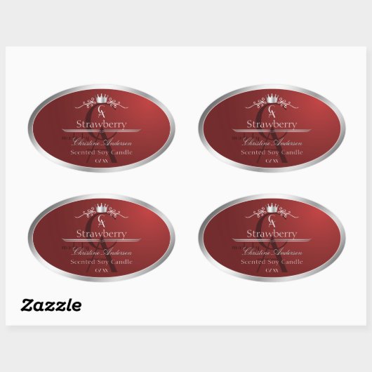 Deep Red Product Label with Silver Frame Monogram 楕円形シール (シート)
