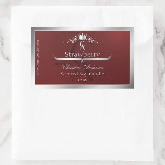 Deep Red Product Label with Silver Frame Monogram 長方形シール (バッグ)