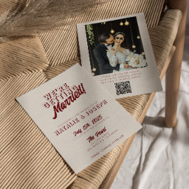 Deep Red Retro Bold Unique QR Code Photo Wedding 招待状