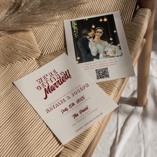 Deep Red Retro Bold Unique QR Code Photo Wedding 招待状