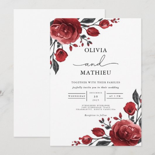 Deep Red Rose Bloom Wedding 招待状 (正面/裏面)