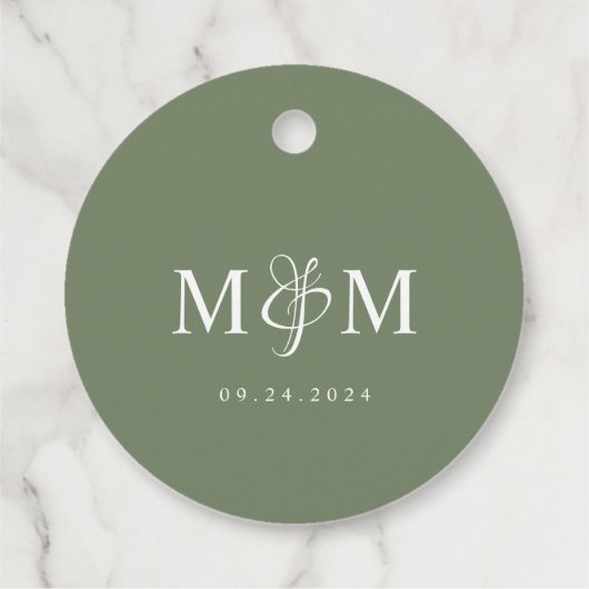 Deep Sage Green Monogram Ampersand Script Wedding フェイバータグ (裏面)