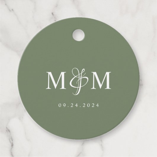 Deep Sage Green Monogram Ampersand Script Wedding フェイバータグ (正面)