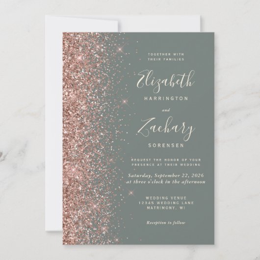 Deep Sage Green Rose Gold Glitter Wedding 招待状 (正面)