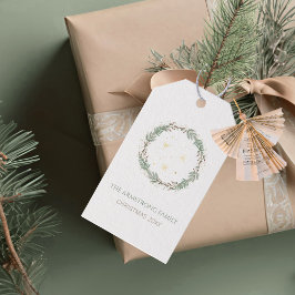 Deep Sage Wreath Gold Stars Christmas Family Name ギフトタグ