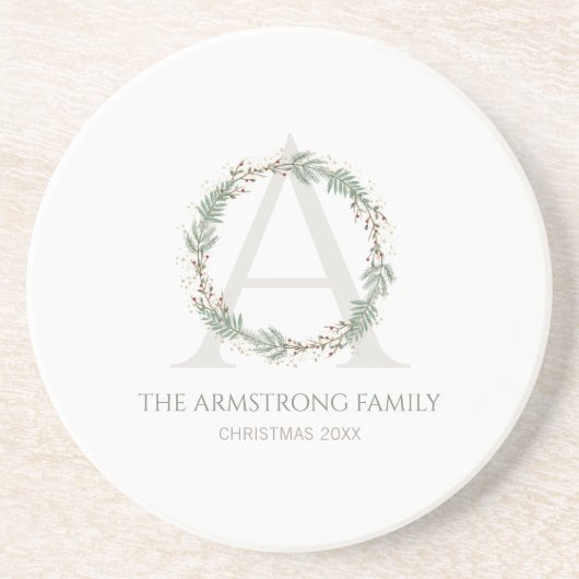 Deep Sage Wreath Monogram Drinkware Accent Set コースター (正面)