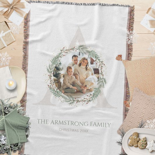 Deep Sage Wreath Monogram Photo Family Keepsake スローブランケット
