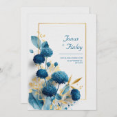 Deep Sapphire Blue Gold Foil Round Flower 招待状 (正面/裏面)