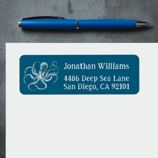 Deep Sea Blue Octopus Return Address Labels ラベル