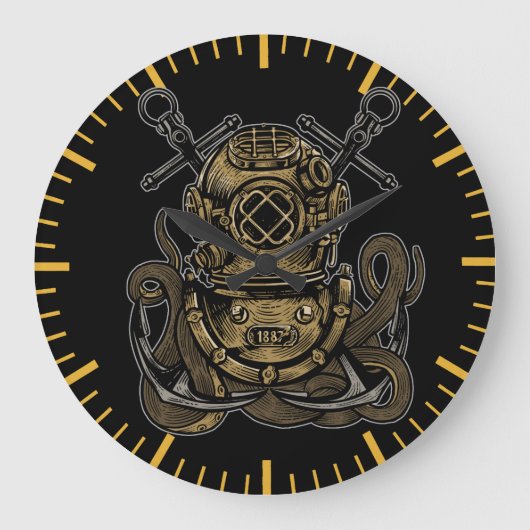 Deep Sea Diver Octopus Attack Nautical Anchors ラージ壁時計 (正面)