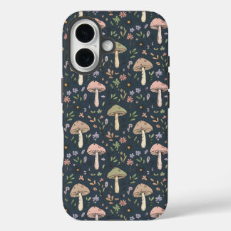Deep Slate Blue Fungi Seamless Pattern Academic iPhone 16ケース