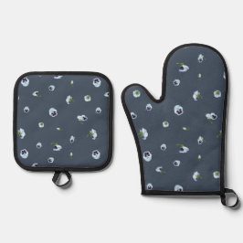 Deep Slate Blue Japanese Blue Pansy Floral Pattern 鍋つかみ&鍋敷きセット