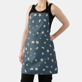 Deep Slate Blue White Plum Blossom Floral Pattern エプロン