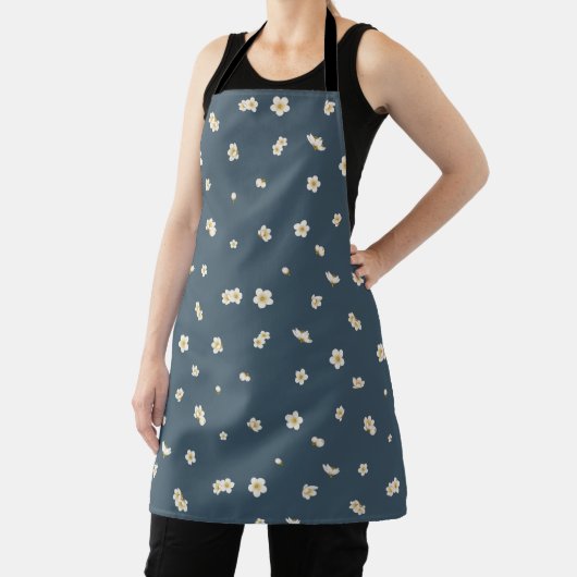 Deep Slate Blue White Plum Blossom Floral Pattern エプロン (インサイチュ)