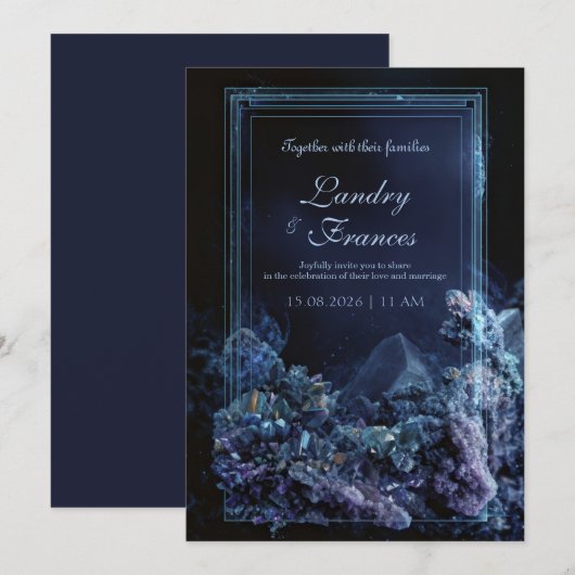 Deep Teal Amethyst Crystal Neon Frame Wedding 招待状 (正面/裏面)