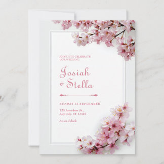 Deep Teal and Pink Cherry Blossom Frame Wedding 招待状