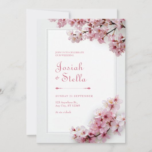 Deep Teal and Pink Cherry Blossom Frame Wedding 招待状 (正面)