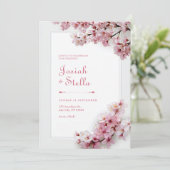 Deep Teal and Pink Cherry Blossom Frame Wedding 招待状 (スタンド正面)
