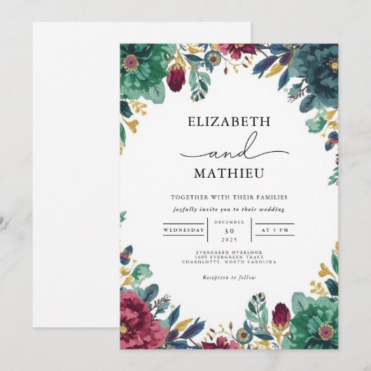Deep Teal Botanical Arch Wedding 招待状 (正面/裏面)