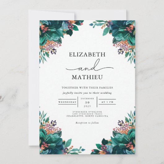 Deep Teal Botanical Flourish Wedding 招待状 (正面)