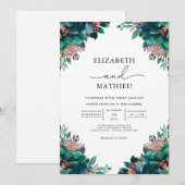 Deep Teal Botanical Flourish Wedding 招待状 (正面/裏面)