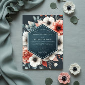 Deep Teal Floral Bloom Wedding 招待状