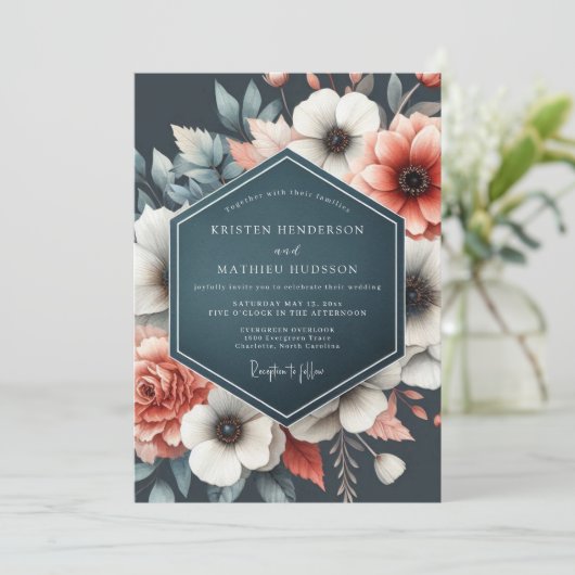 Deep Teal Floral Bloom Wedding 招待状 (スタンド正面)