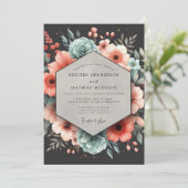 Deep Teal Floral Elegance Wedding 招待状 (スタンド正面)