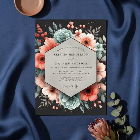 Deep Teal Floral Elegance Wedding 招待状