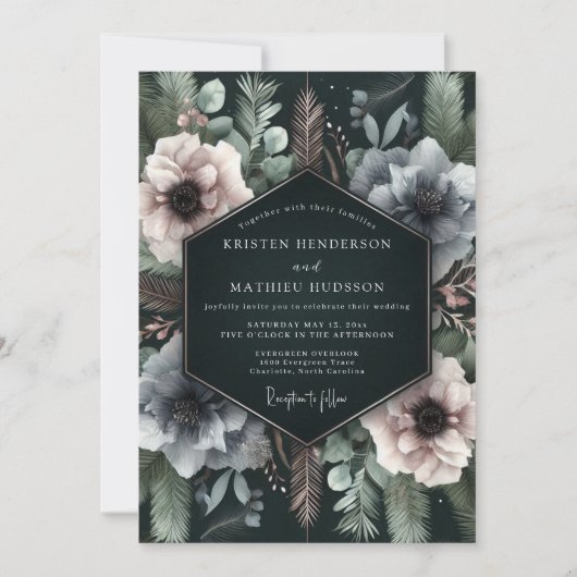 Deep Teal Floral Moody Wedding 招待状 (正面)