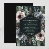 Deep Teal Floral Moody Wedding 招待状 (正面/裏面)