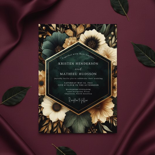 Deep Teal Floral Opulent Wedding 招待状