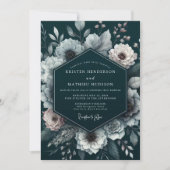Deep Teal Floral Romance Wedding 招待状 (正面)