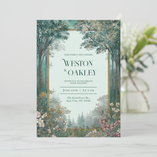 Deep Teal Forest Gold Frame Romantic Floral 招待状 (スタンド正面)