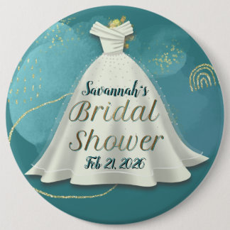 Deep Teal Gold Glitter Wedding Gown Bridal Shower 缶バッジ